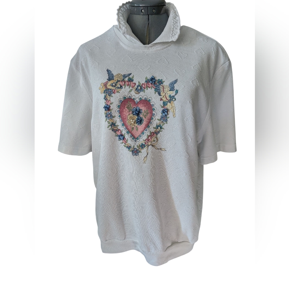 Vintage Teddi White Sweater Women's with Floral Angel Bow Heart  Cottage Core‎